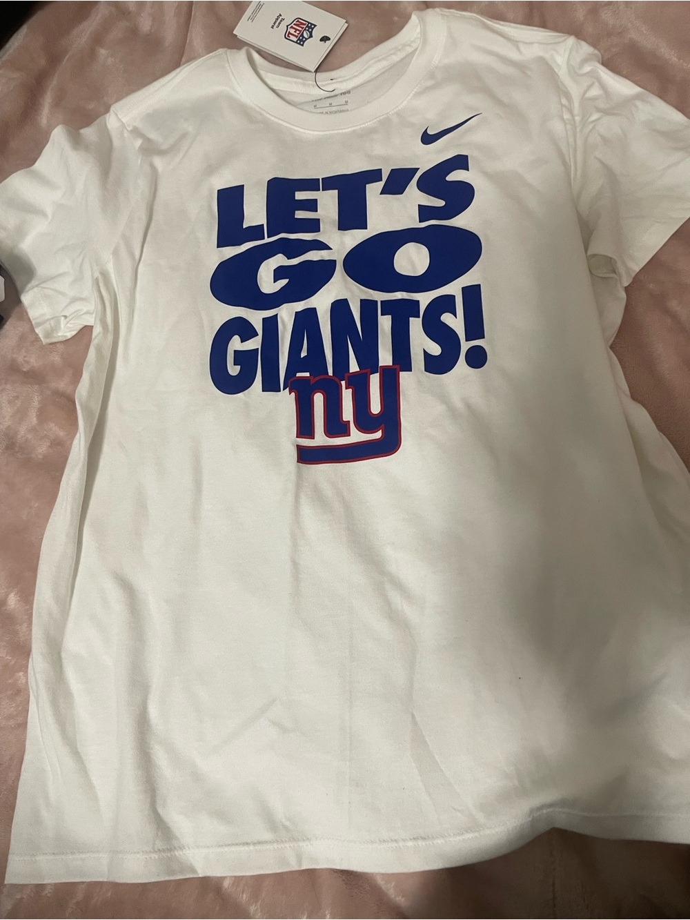 Nike White Kids Tee with Bold Blue "LET'S GO GIANTS!" and Red NY Logo